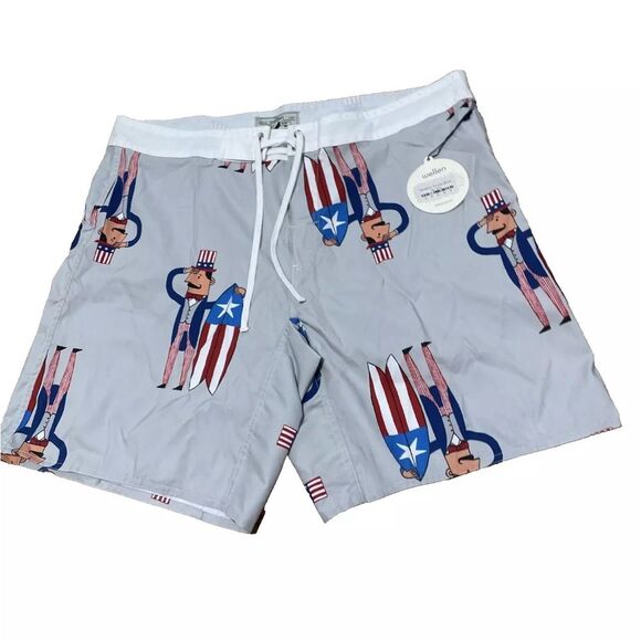WELLEN SURF Board Shorts Men 38 Gray Red Blue American Stretch Trunks New